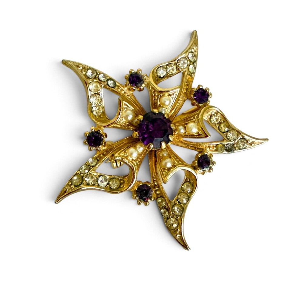 1960s Vintage Purple Rhinestone Floral Star Brooch Ornate mid-century gold-ton